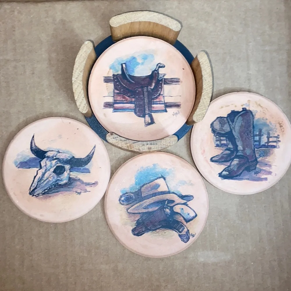 Vintage Absorbent Stone Coaster Cowboy Shoes Skull Hat Saddle Coasters Az Set